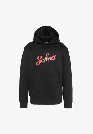 Schwarzer Hoodie aus weichem Stoff, mit einer Kängurutasche, Rippbündchen und -saum, mit rotem "Schott"-Logo auf der Vorderseite bedruckt.