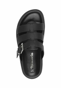 Black slide sandal with adjustable silver buckle, featuring multiple horizontal straps and a smooth, shiny texture on the upper.