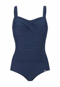 Navyblå baddräkt med justerbara axelband, draperad frontdesign, texturerade rynkdetaljer och liten logotypaccent på höften.