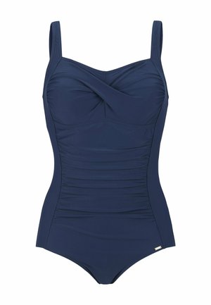 Mørkeblå heldragtssvømmedragt med justerbare stropper, draperet frontdesign, struktureret rynket detaljering og lille logo accentering på hoften.