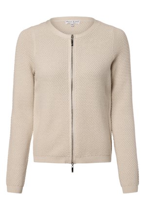Beige gebreide cardigan met een ronde halslijn en volledige rits. Heeft een gestructureerde stof en een geribbelde zoom en manchetten. Eenvoudig en veelzijdig ontwerp.