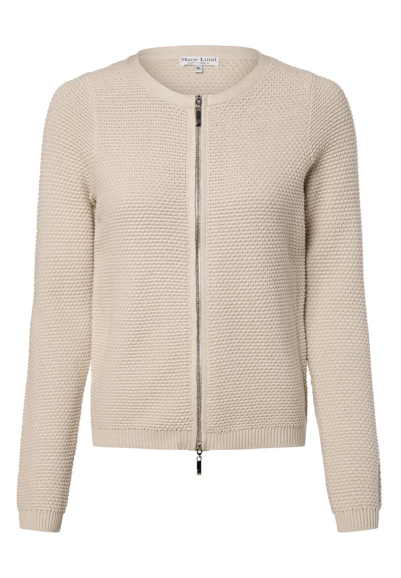 Cardigan lavorato a maglia beige con scollo rotondo e chiusura con zip completa. Presenta un tessuto testurizzato e orli e polsini a costine. Design semplice e versatile.
