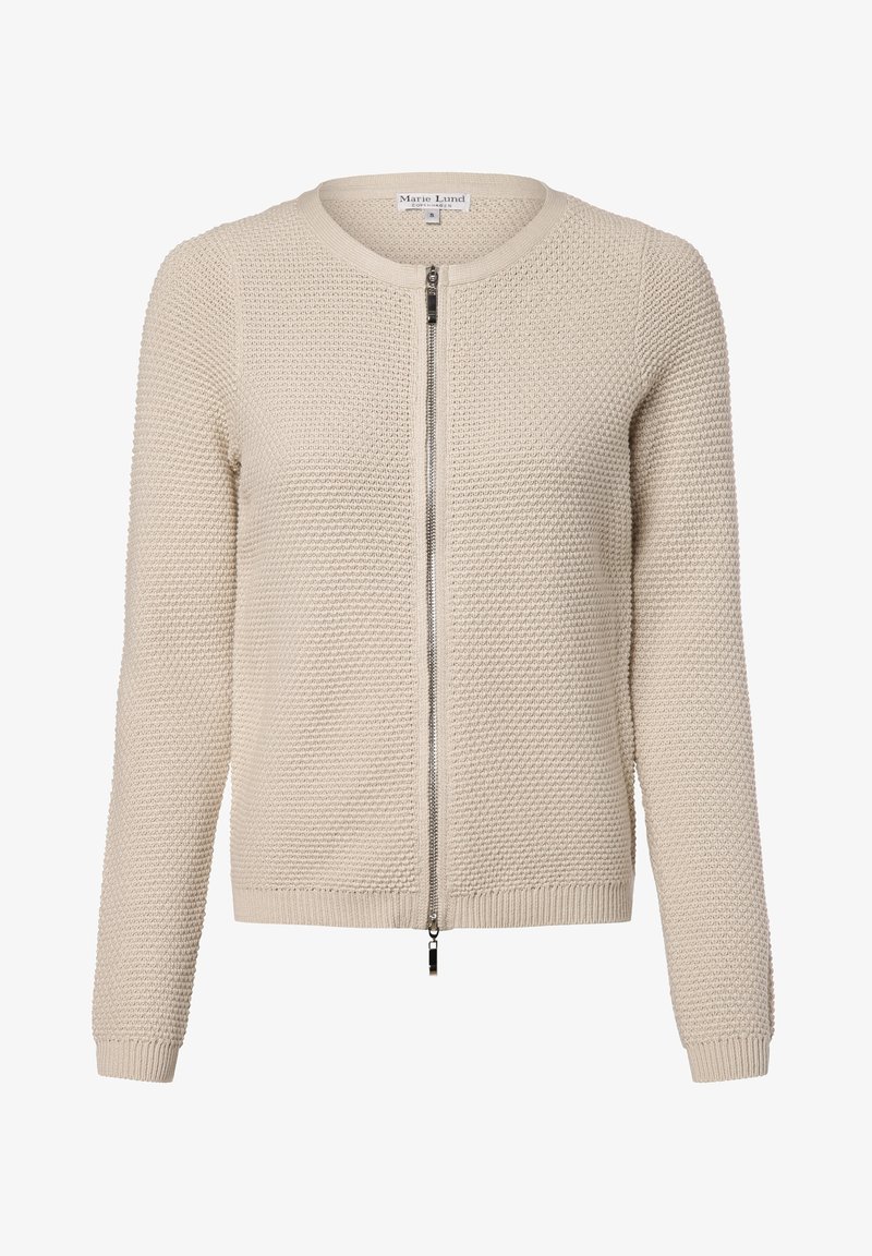 Cardigan lavorato a maglia beige con scollo rotondo e chiusura con zip completa. Presenta un tessuto testurizzato e orli e polsini a costine. Design semplice e versatile.