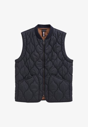 Schwarzte gestepptes Weste mit ribbeltem Kragen, Frontreißverschluss und zwei großen Taschen. Verfügt über ein strukturiertes Muster und einen kontrastierenden Innenfutter.