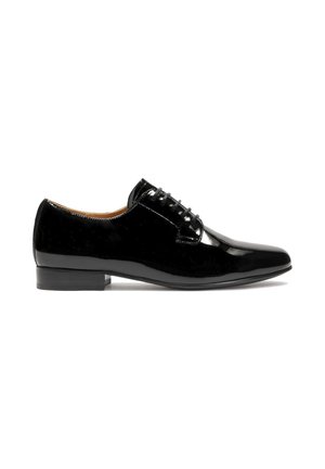 Black patent leather oxford shoe with a rounded toe, lace-up front, and a low, block heel. Smooth texture and minimal detailing.