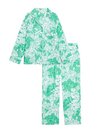 Grün-weißes langärmliges Pyjama-Set mit Blumenmuster, abgerundetem Kragen, Knopfleiste vorne und passenden Hosen mit elastischem Bund.
