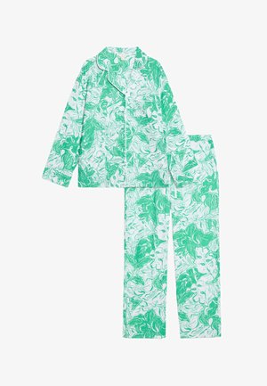 Groene en witte pyjama met lange mouwen, voorzien van een bloemenpatroon, een afgeronde kraag, knopen aan de voorkant en bijpassende broek met elastische tailleband.
