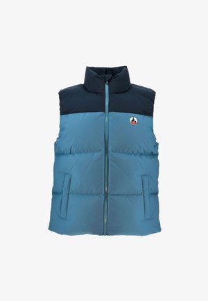 Mouwloos blauw gewatteerd vest met donkerblauwe bovenkant, ritssluiting aan de voorkant, twee zijzakken en een klein rond logo op de borst.