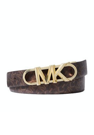 Cintura marrone firmata con motivo logo ripetuto e fibbia dorata con lettere stilizzate sovrapposte "MK".
