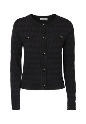 Schwarze Strickjacke mit strukturiertem Muster, rundem Halsausschnitt, vorderer Knopfleiste, zwei Brusttaschen sowie gerippten Bündchen und Saum.