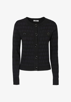 Cardigan noir en tricot avec un motif texturé, col rond, fermeture à boutons sur le devant, deux poches poitrine et poignets et ourlet côtelés.