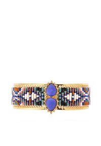 Bracelet manchette en perles avec un motif tissé multicolore, des accents dorés et deux pierres ovales violettes au centre.