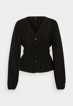 Blouse noire à boutons avec décolleté en V, manches bouffantes longues et taille élastique. Fabriquée en tissu léger avec une texture froissée.