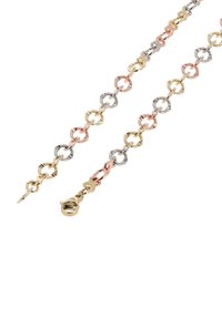 Halskette aus Gold, Silber und Roségold mit einer Gliederkette, die aus texturierten kreisförmigen Gliedern besteht und einen Karabinerverschluss hat.