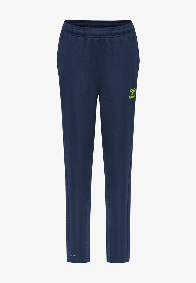 Marine blauwe joggerbroeken van textuurstof, met een comfortabele elastische tailleband, zijzakken en een limegroen logo op de linker bovenbeen.