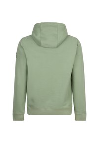 Grüne Kapuzen-Sweatshirt mit glatter Textur. Verfügt über lange Ärmel, gerippte Bündchen und eine Kängurutasche. Einfaches und sauberes Design.