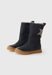 Donkerblauwe leren enkelboots met een rits, nep bontvoering, rubberen zolen en een sprankelende sterdetails aan de zijkant.