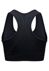 Zwarte sportbeha met een racerback ontwerp, gemaakt van gladde stof. Beschikt over een geribbelde zoom en subtiele stiksels.