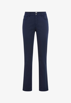Pantaloni da donna blu navy a gamba dritta con bottone e cerniera frontali, due tasche anteriori e due tasche posteriori.