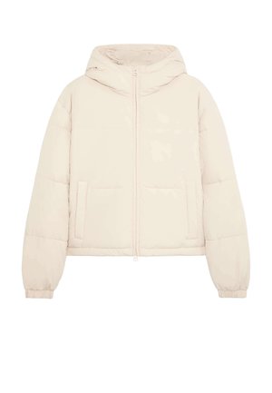 Veste matelassée beige clair avec capuche, équipée d'une fermeture éclair à l'avant, de deux poches latérales et de poignets élastiques. Texture douce et lisse.
