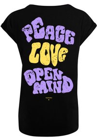 Black short-sleeve T-shirt featuring bold, distressed purple and yellow text that reads "PEACE LOVE OPEN MIND" on the back.