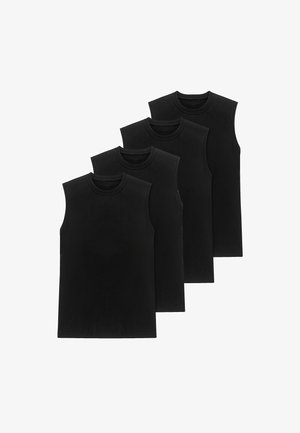 Fire ensfarvede, sorte, ærmeløse t-shirts med rund hals, arrangeret i en forskudt stak mod en hvid baggrund.