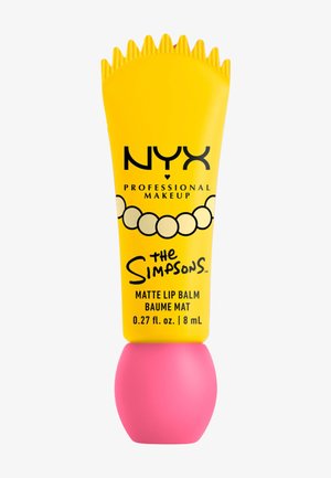 Tube jaune de baume à lèvres mat NYX Professional Makeup avec un capuchon rose, présentant un design des Simpsons et un graphique de collier de perles.