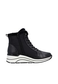 Schwarze Knöchelstiefel mit einer Mischung aus Leder und Stoff, Reißverschluss, und Kunstfellkragen, mit einer weißen, gestuften Sohle und strukturierten Akzenten.