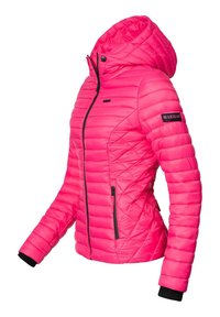 Pink quilted jacket with a hood, featuring a zip closure, black accents, and logo on the left sleeve. Size and shape tailored for warmth.