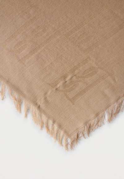 Μπεζ υφαντό κασκόλ με πλαισιωμένες άκρες, που διαθέτει διακριτικό υφασμάτινο μοτίβο με επωνυμία ή λογότυπο σε όλο το ύφασμα.