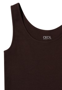 Brązowy bezrękawnik wykonany z miękkiego materiału, z okrągłym dekoltem i nazwą marki "CECIL" nadrukowaną w pobliżu kołnierza.