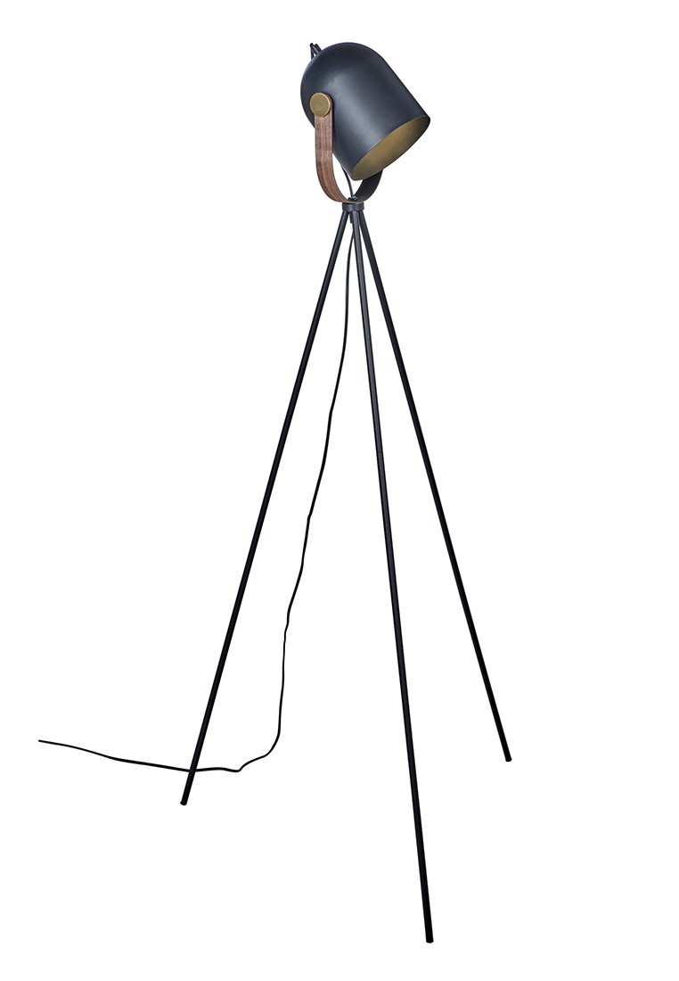 Schwarze Stehlampe mit einem metallischen Schirm und einem Holzgriff, unterstützt von drei schwarzen Beinen. Enthält ein Stromkabel.