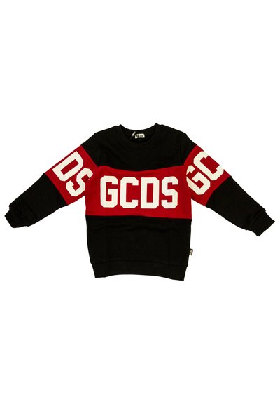 Schwarzer Sweatshirt mit einem roten horizontalen Streifen und großer weißer "GCDS"-Buchstaben. Rundhalsausschnitt, lange Ärmel, gerippte Bündchen. Weiche Textur.