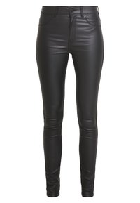 Pantalones skinnys de faux cuero negro con una cintura alta, textura suave, bolsillos frontales y trabillas. Ofrecen una silueta ajustada.