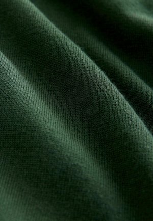 Zaļš adījums ar gludu tekstūru, kurā ir smalkas svītras un maigi krāsu toņu variācijas. Materiāls izskatās mīksts un elastīgs.