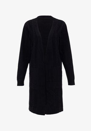 Zwarte lange cardigan met een sjaalkraag, geribbelde manchetten en kabelgebreide details. Beschikt over twee zakken aan de voorkant en een ontspannen pasvorm.