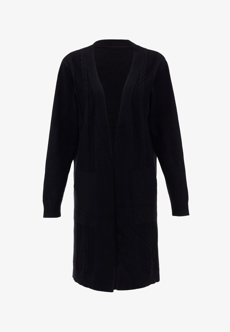 Fekete hosszú kardigán, sállal ellátott gallérral, bordázott mandzsettákkal és fonott kötésű részletekkel. Két elülső zsebet tartalmaz és laza szabású.