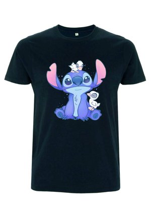 Zwart katoenen T-shirt met een grafiek van een blauwe cartoonfiguur met grote oren, omringd door kleine witte vogels.