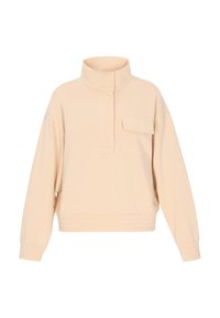 Beige huppari, jossa on korkea kaulus, puolipainon napitus ja rintatasku. Pehmeä kangas, rento istuvuus ja ribattu hihansuu.