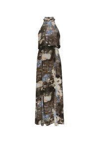 Maxi šaty s potiskem tie-dye v šedé, černé a modré barvě. Krk na zavazování a splývavá látka s volným střihem.