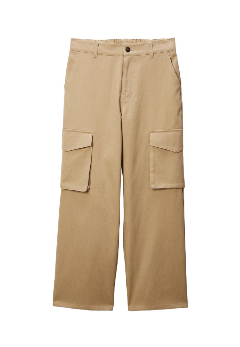 Pantalons cargo beige en tissu résistant, avec une coupe décontractée, des jambes larges, deux poches avant et deux poches sur les côtés avec rabats.