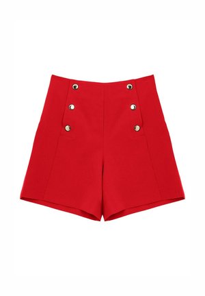 Shorts rouges taille haute en tissu lisse, dotés de boutons à double boutonnage, de deux poches latérales et d'un design épuré et ajusté.
