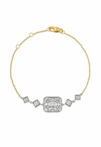 Pulsera de oro con un charm geométrico central de plata que incluye un diamante redondo, flanqueado por cuatro charms cuadrados más pequeños, adornados con piedras transparentes.