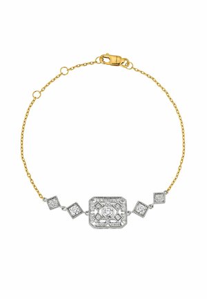 Pulsera de oro con un charm geométrico central de plata que incluye un diamante redondo, flanqueado por cuatro charms cuadrados más pequeños, adornados con piedras transparentes.