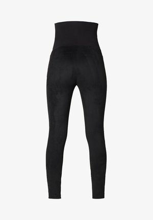 Leggings noirs taille haute avec une texture matte et lisse. Coupe ajustée s'étendant jusqu'aux chevilles, dotée d'une ceinture large pour un meilleur soutien.