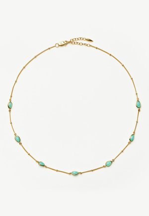 Feine goldene Kettenhalskette mit sieben gleichmäßig verteilten kleinen ovalen Türkissteinen und einem Karabinerverschluss.