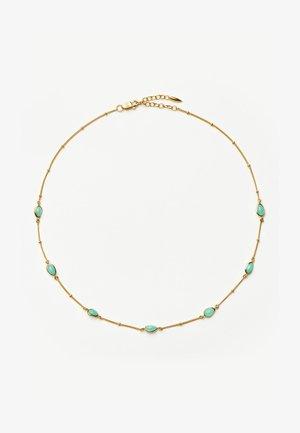 Collier délicat en chaîne d'or avec sept petites pierres ovales turquoise uniformément espacées et une fermeture à pince de homard.