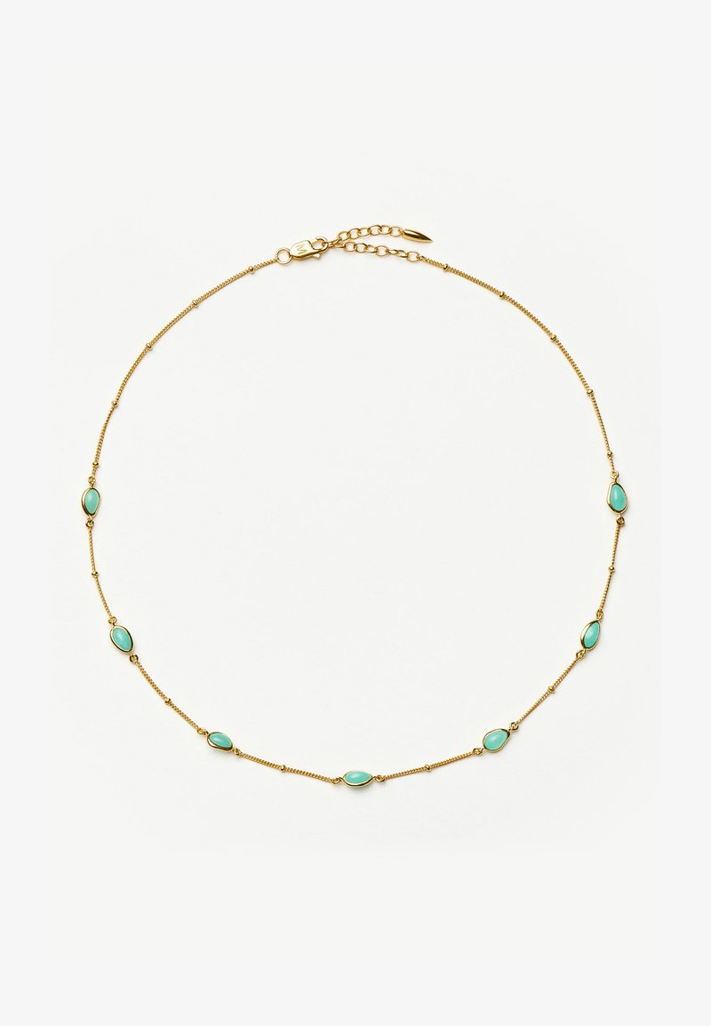 Λεπτό χρυσό κολιέ αλυσίδα με επτά ομοιόμορφα τοποθετημένους μικρούς οβάλ λίθους τιρκουάζ και κούμπωμα με κλιπ αστακού.