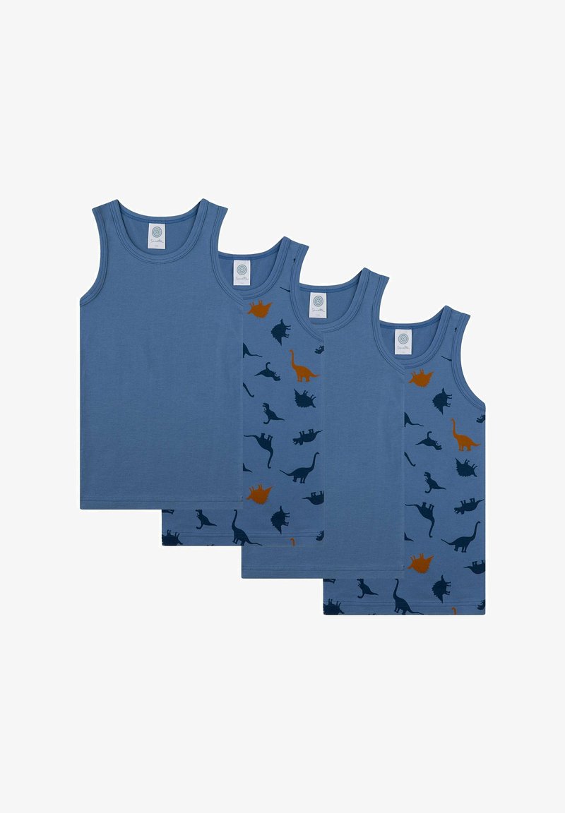 Quattro canottiere in cotone blu. Tre sono di colore blu uniforme; una è decorata con dinosauri in blu scuro e arancione. Presentano un tessuto morbido e un design senza maniche.