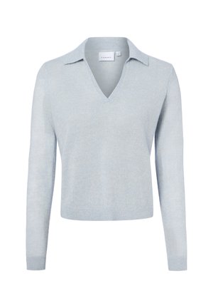 Pull en maille bleu clair à manches longues avec col en V et petit col, poignets et bas côtelés, taille 34.